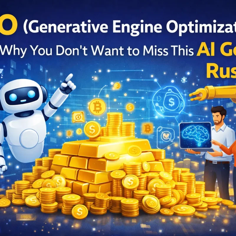 AI gold rush concept with generative engine optimization GEO text over gold bars and digital AI background