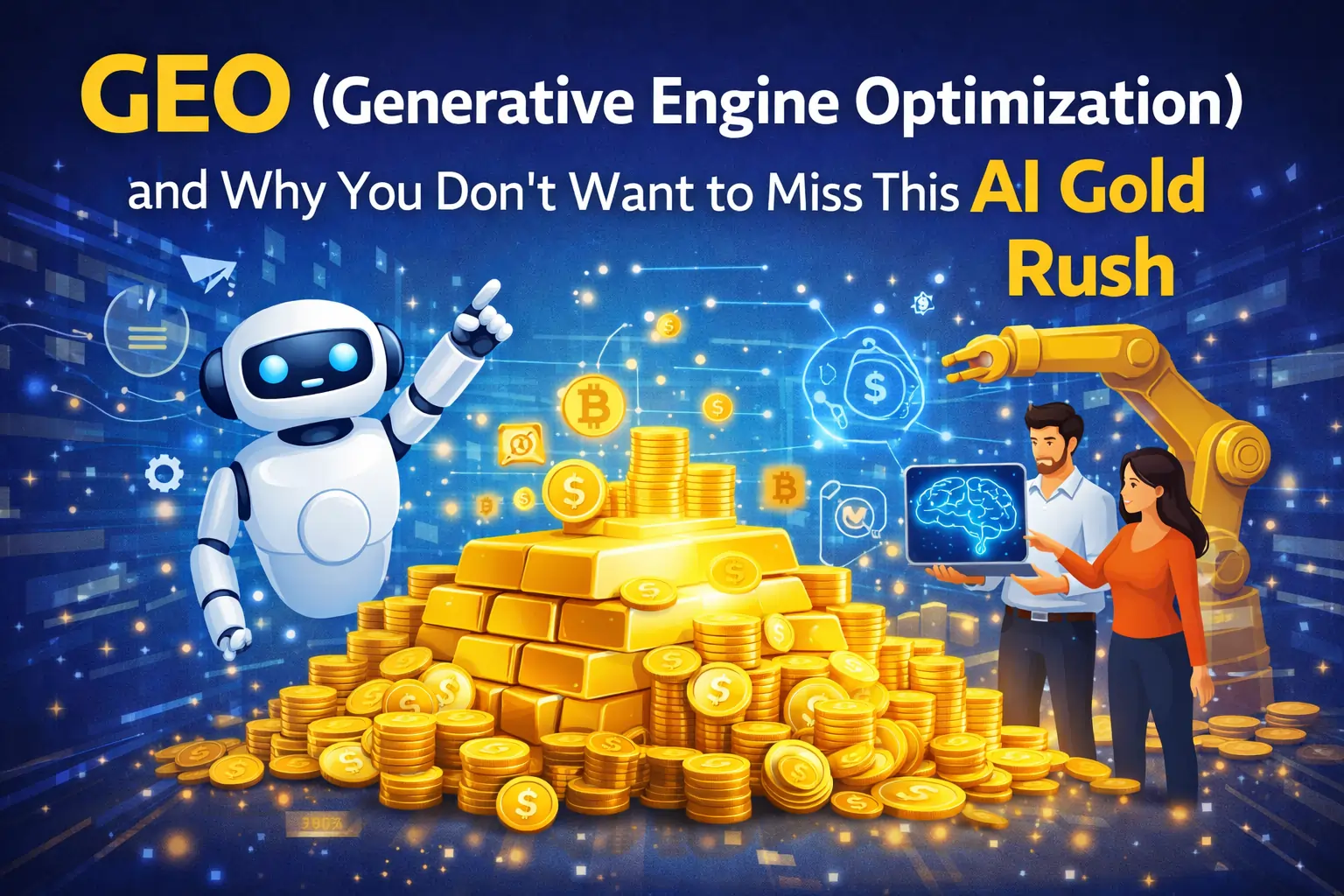 AI gold rush concept with generative engine optimization GEO text over gold bars and digital AI background