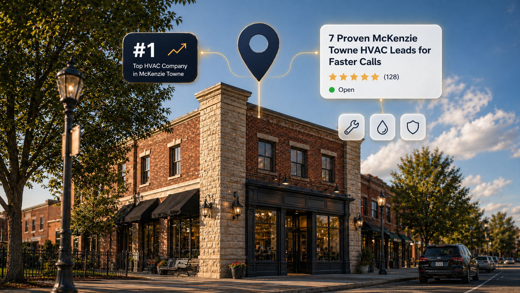 McKenzie Towne HVAC leads, McKenzie Towne HVAC leads hero storefront with GEO-style map trust UI over a Calgary street scene.