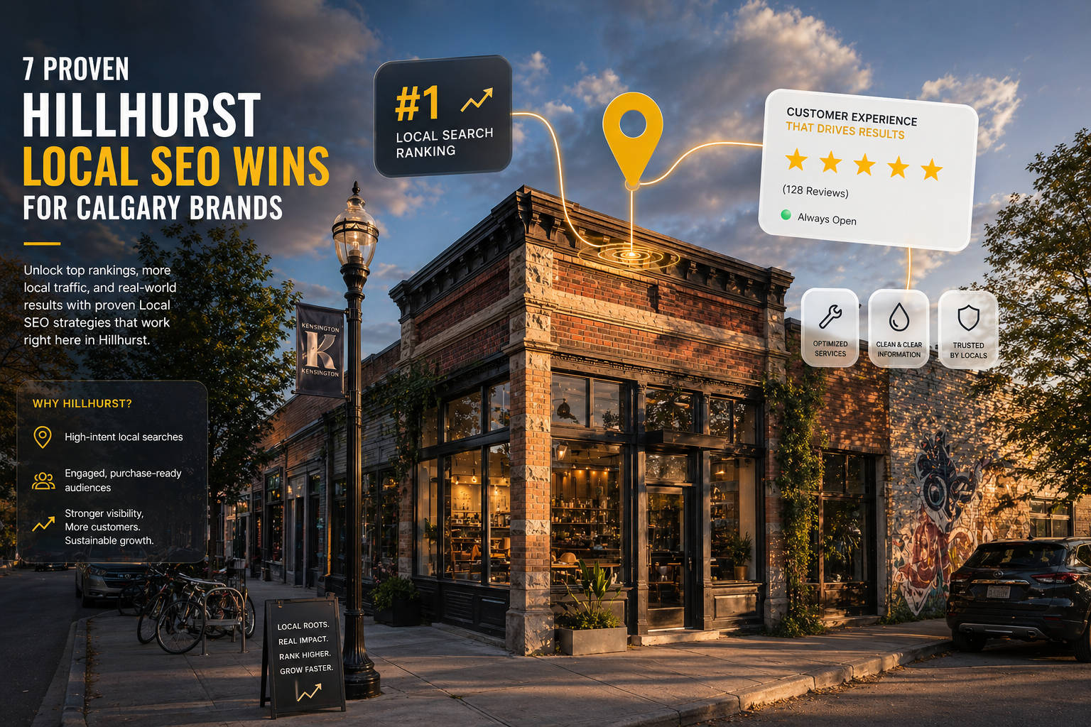 Hillhurst local SEO hero image of a Kensington storefront with location and review UI overlay.