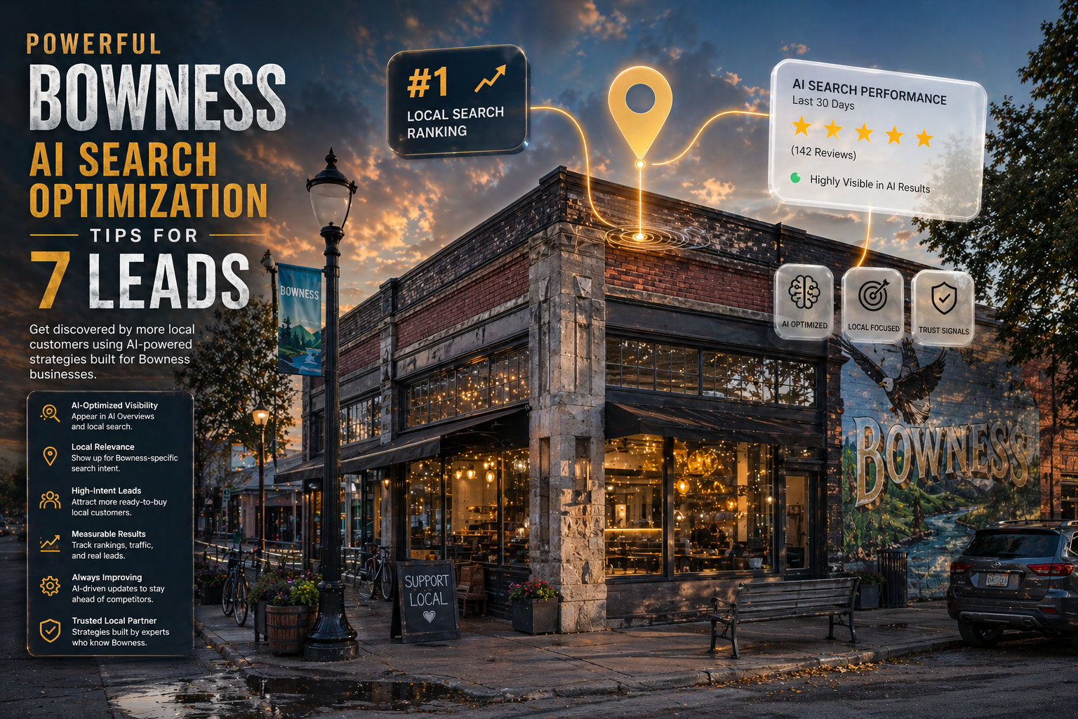 Bowness AI search optimization hero image with a brick storefront and local SEO UI overlays in Calgary.