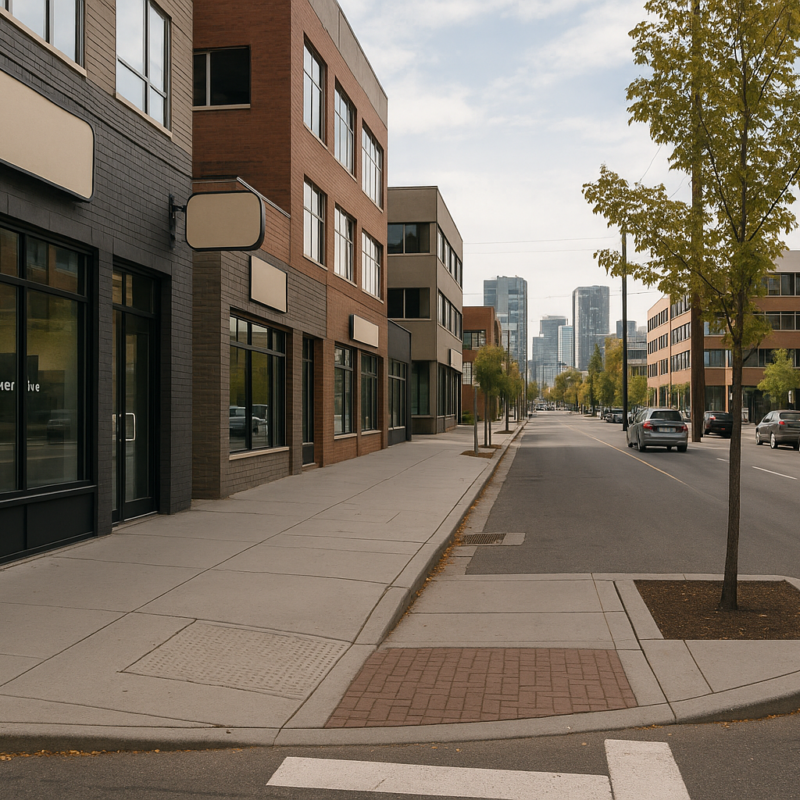 Calgary Beltline streetscape with storefronts, sidewalks, parked cars, and downtown skyline in natural daylight. Calgary GEO optimization