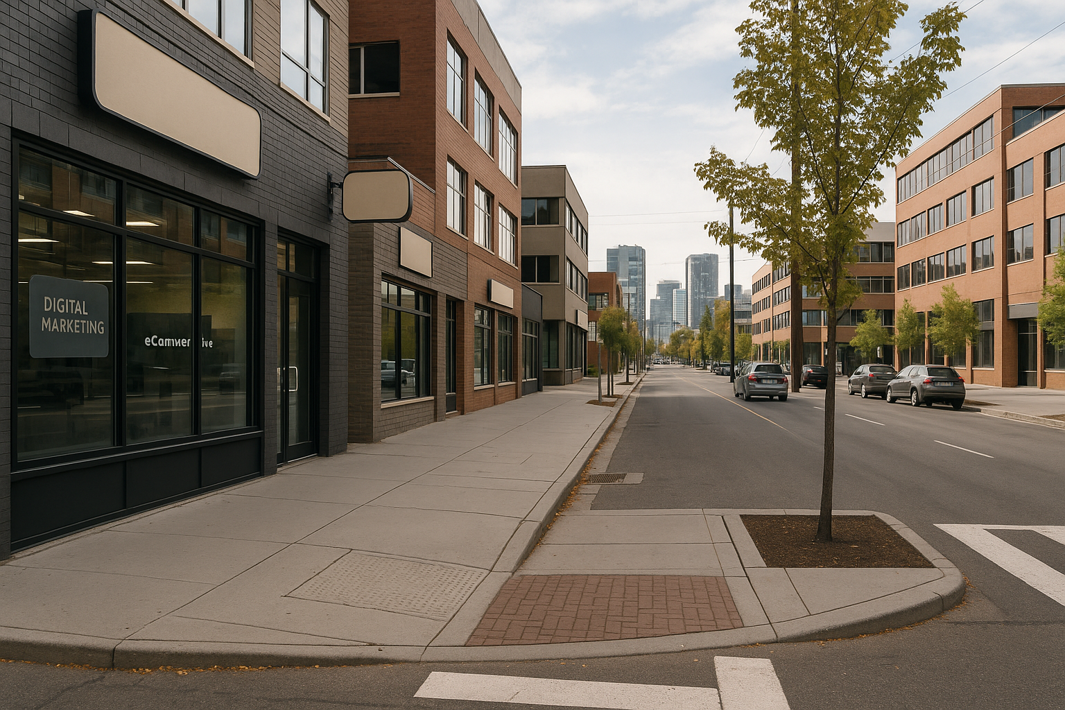 Calgary Beltline streetscape with storefronts, sidewalks, parked cars, and downtown skyline in natural daylight. Calgary GEO optimization