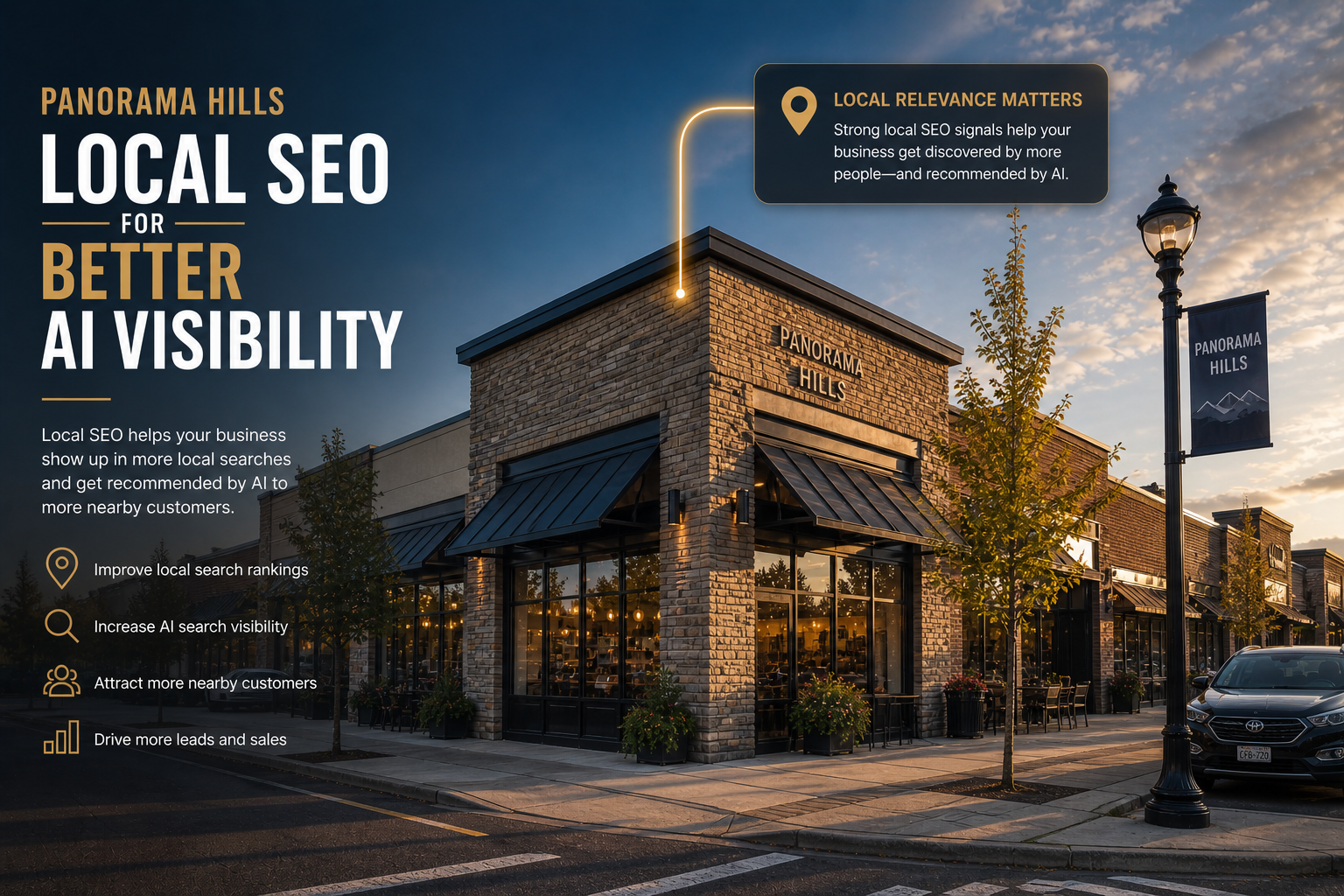 Panorama Hills local SEO, Panorama Hills local SEO hero image showing a brick storefront data overlay in Calgary.