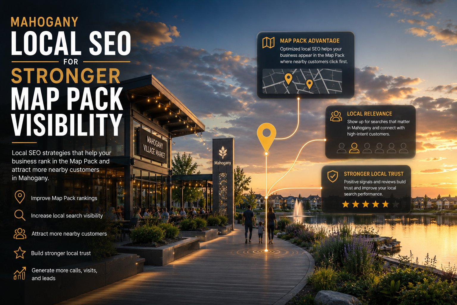 Mahogany local SEO, Sunset waterfront scene in Mahogany, Calgary featuring a modern lakeside café, illuminated boardwalk, and holographic local SEO interface elements promoting stronger Google Map Pack visibility and nearby customer engagement.