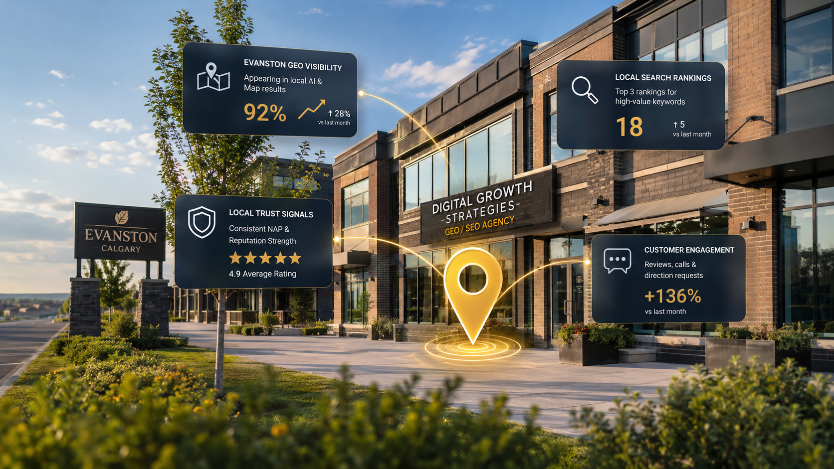 Photorealistic wide-angle marketing scene of a modern suburban commercial complex in Evanston, Calgary, with landscaped sidewalks, brick-and-glass architecture, and soft natural daylight. A digital overlay shows a central golden location pin connected to floating glassmorphism dashboard panels displaying GEO/SEO metrics such as local visibility score, search rankings, trust signals, and customer engagement. The UI uses dark navy and charcoal translucent panels with white text, gold accents, and thin glowing connector lines, blending into the environment like an augmented analytics system. The composition emphasizes depth with foreground greenery, a mid-ground business storefront labeled for a GEO/SEO agency concept, and a softly blurred residential-commercial Calgary streetscape in the background.