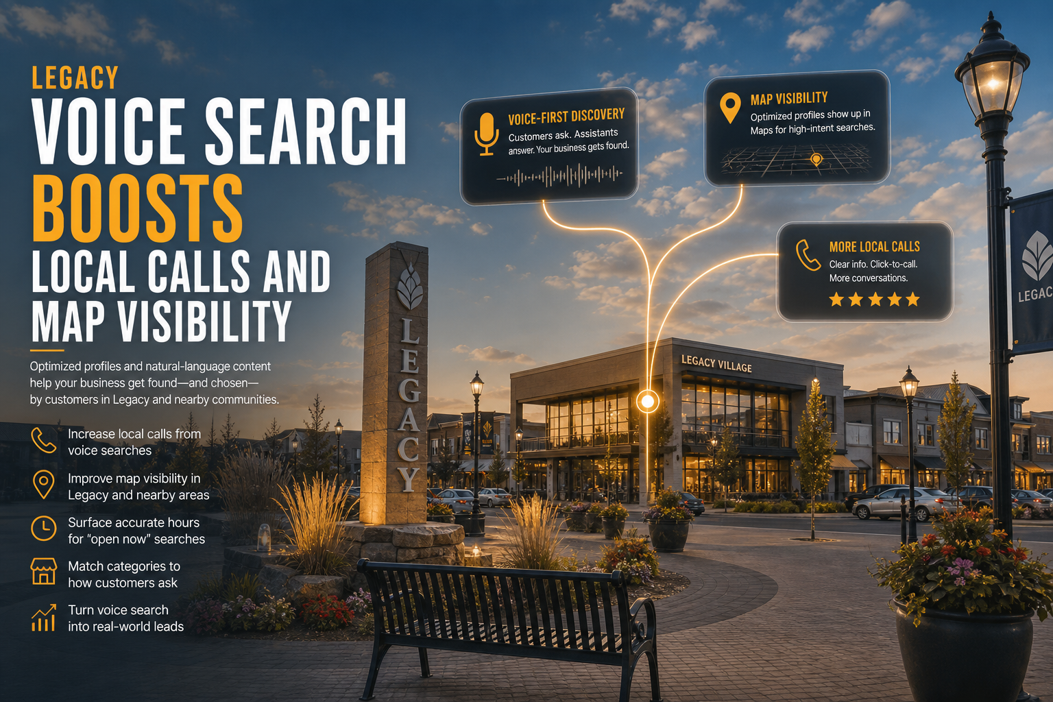 Legacy Voice Search hero image showing Legacy Village shopping centre at dusk with floating UI cards highlighting voice-first discovery, map visibility, and local call growth for businesses in Legacy and nearby Calgary communities